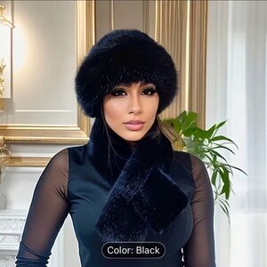 Luxurious Black Fur Hat and Scarf Set
